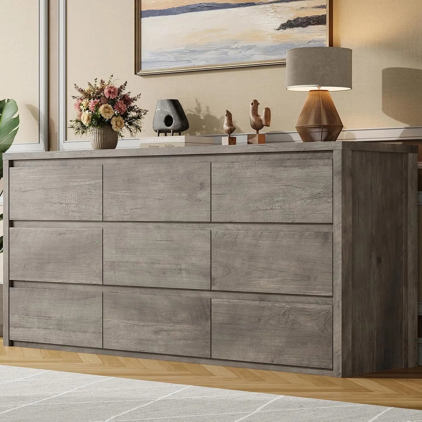 9 Drawer Dresser For Bedroom, Modern Handleless Wood Chest Of Drawers, Large Storage Cabinet For Living Room, Hallway and Entryway