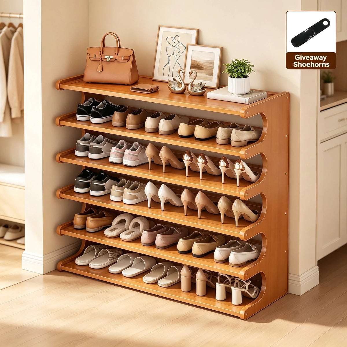 6-Tier Bamboo Shoe Rack for Closet, Freestanding Shoe Organizer Shelf with Elegant Arc Design, Space Saving Entryway Storage Rack, Natural Brown