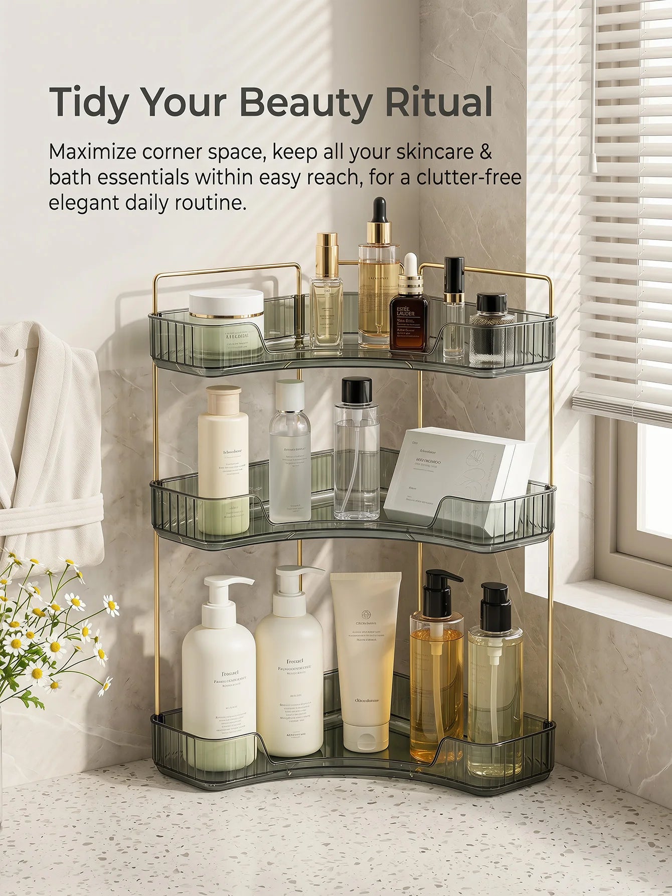 Corner Bathroom Countertop Organizer Three Bathroom Storage Rack | Countertop Storage with Hooks Perfume Organizer Cosmetics and Skincare Storage Rack - Gray-Green Tone
