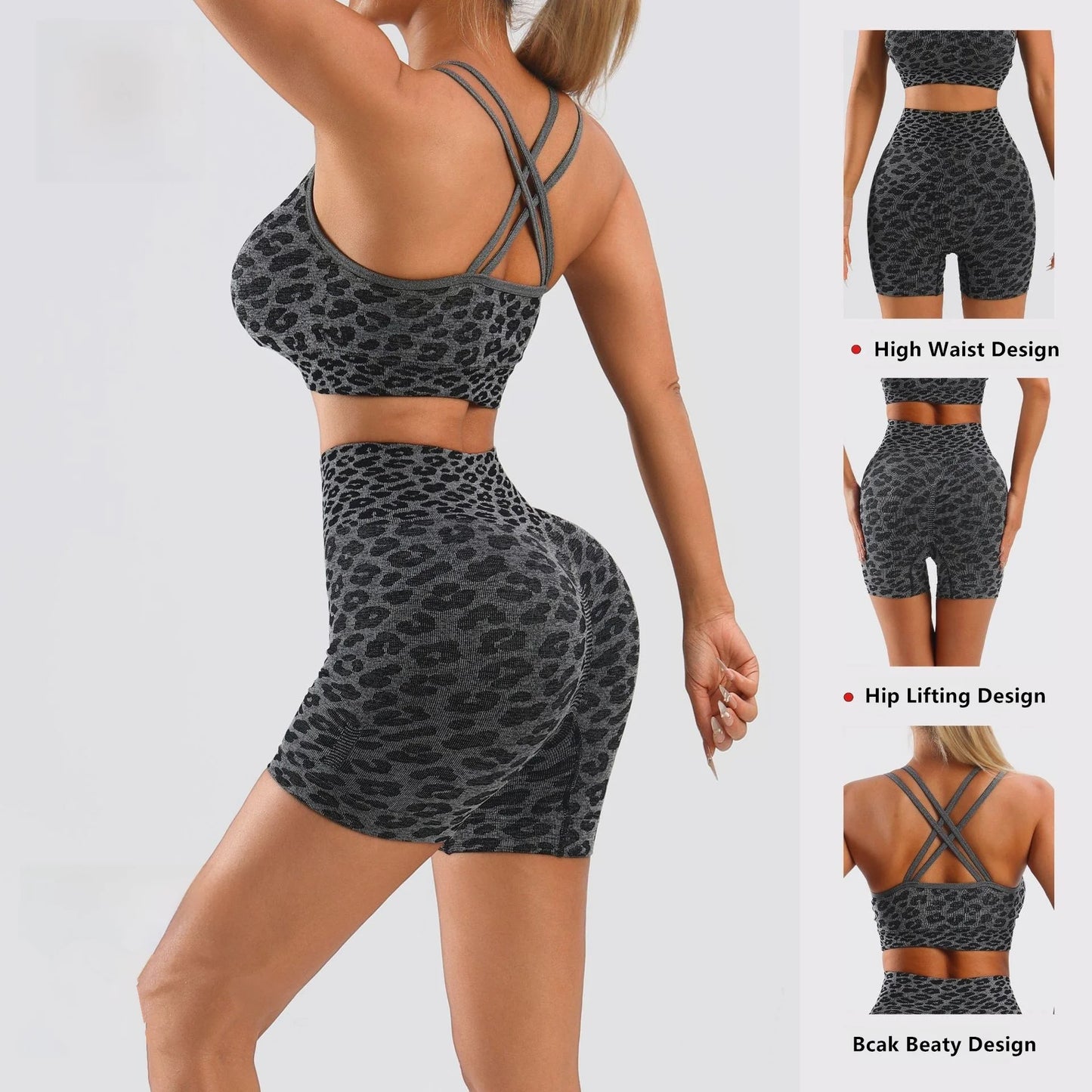 Leopard Print Two Piece Workout Set For Women Crop Tank