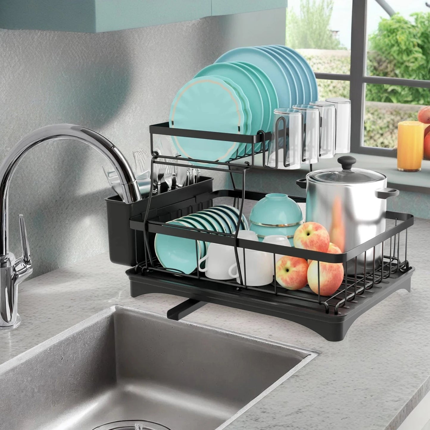 Kitchen Storage Rack, 2 Tier Dish Drainer with Drip Tray and Drainer Mat,with Utensil Holder, Swivel Spout, Draining Board