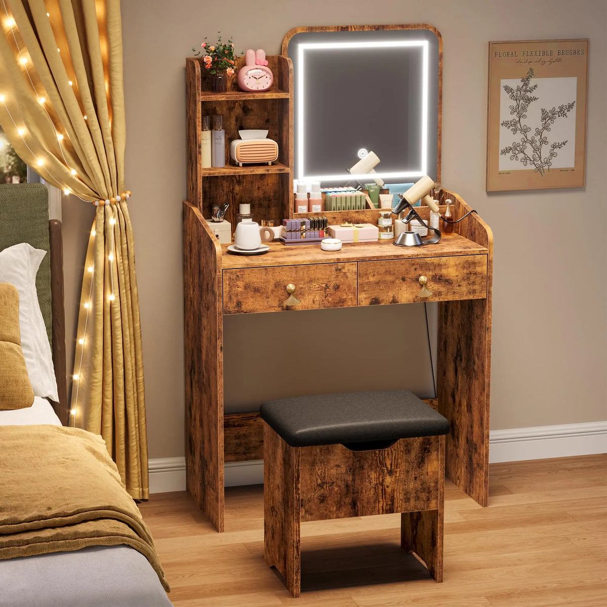 Vanity Desk With LED Lighted Mirror, Charging Station, 2 Drawers, Storage Stool, Mini Makeup Table Set For Bedroom Women & Girls