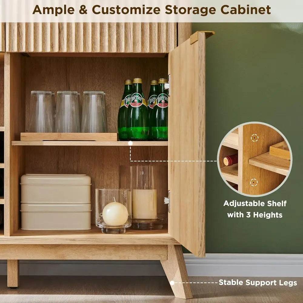 luted Wine Bar Cabinet, 60" Wide ern Buet Sideboard with Ample Storage - 2 Side Cabi, 3 Ders, 4 Glass Holders & 12 Wine Racks, C