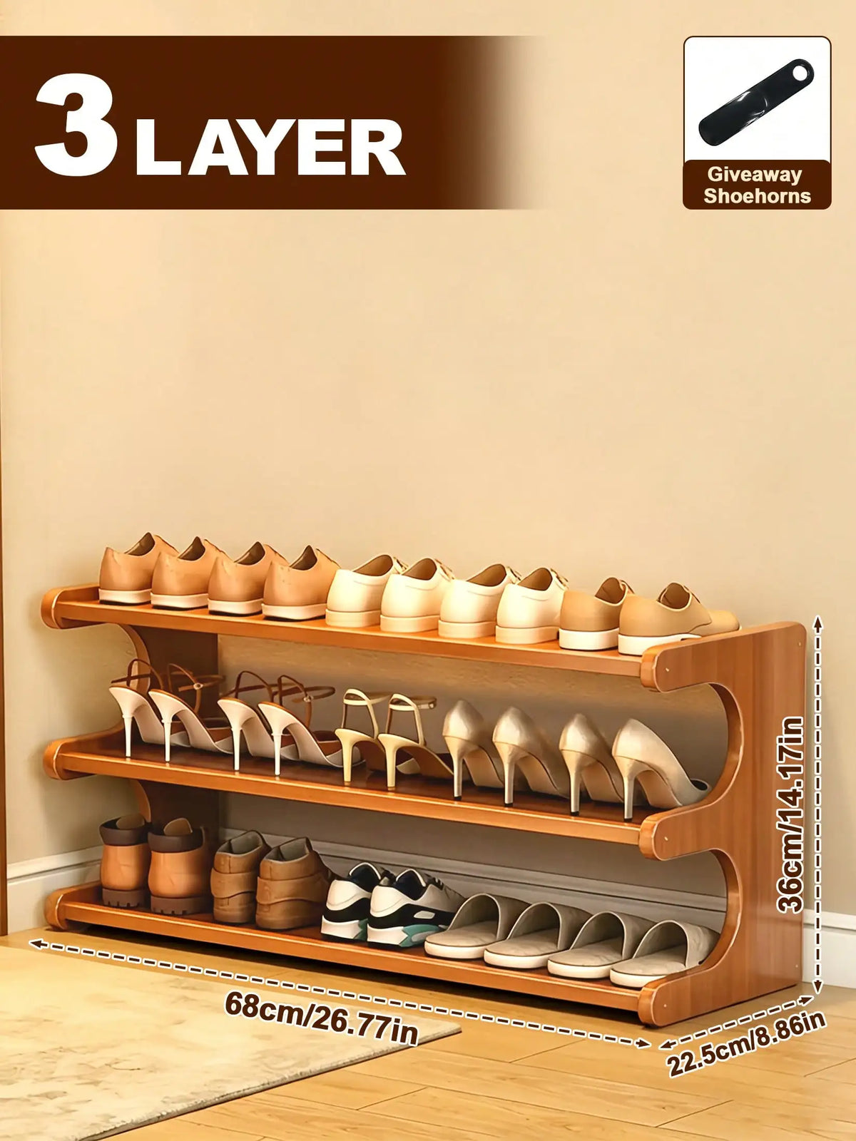6-Tier Bamboo Shoe Rack for Closet, Freestanding Shoe Organizer Shelf with Elegant Arc Design, Space Saving Entryway Storage Rack, Natural Brown