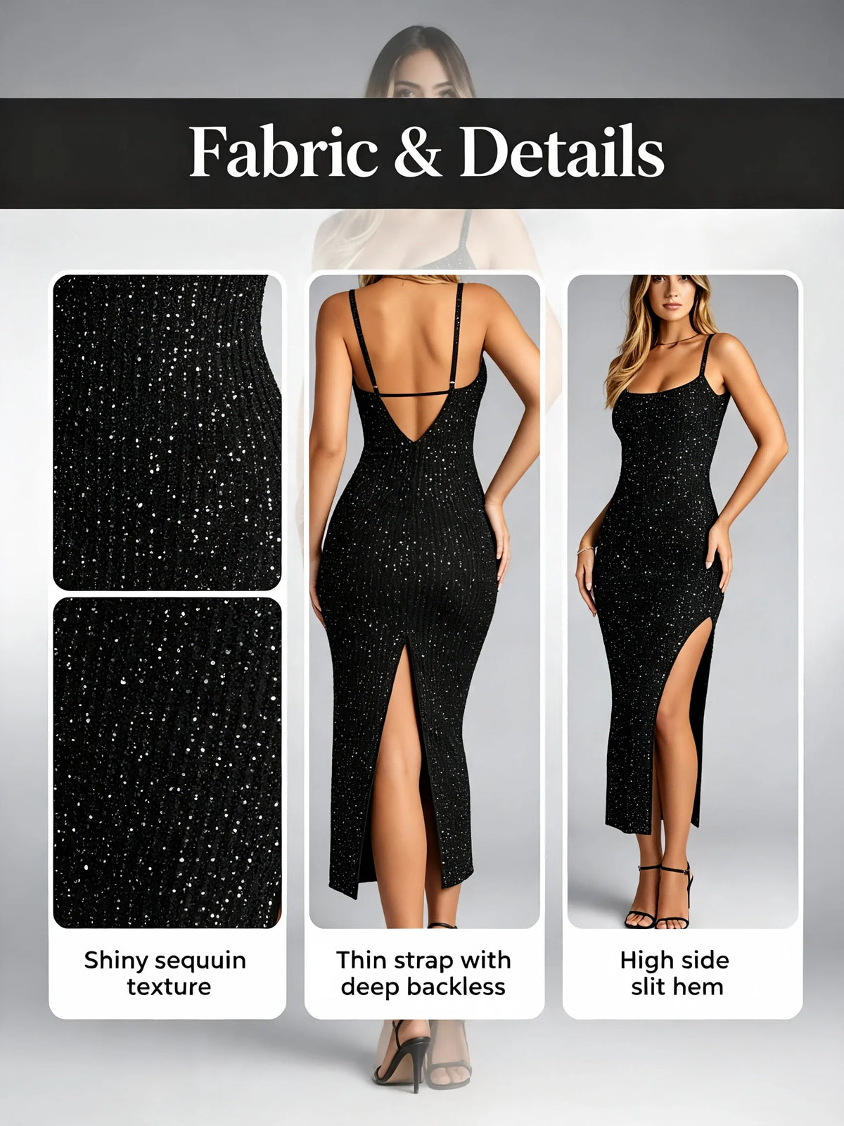 Women Black Sequin Spaghetti Strap Midi Dress Backless High Split Bodycon Evening Party Cocktail Dresses