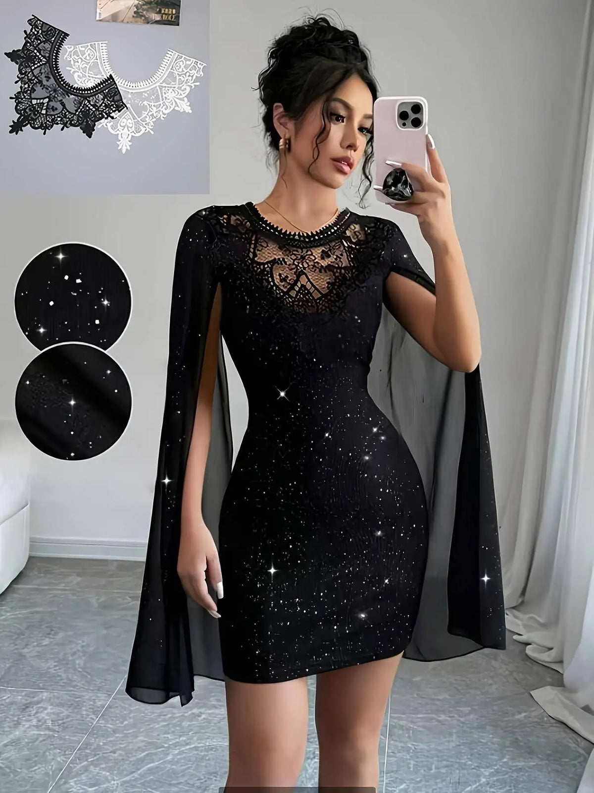 Women's Black Glitter Lace Cape Sleeve Party Dress