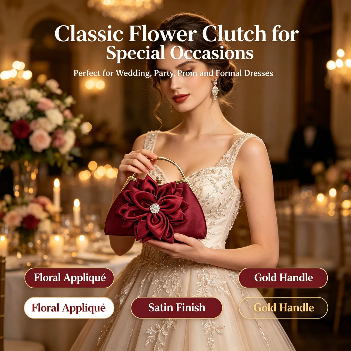 Elegant Women Silk Floral Evening Clutch Purse For Wedding Party