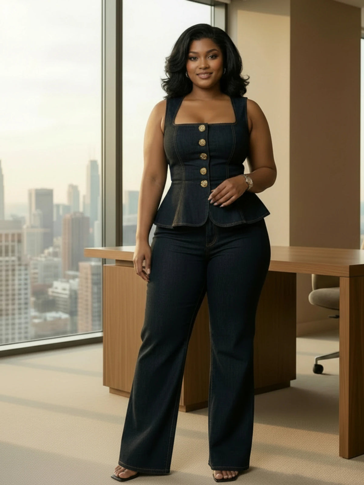 Women's Plus Size Square Neck Sleeveless Peplum Top Matching Flare Long Pants For Office Daily Street Fashion Occasions
