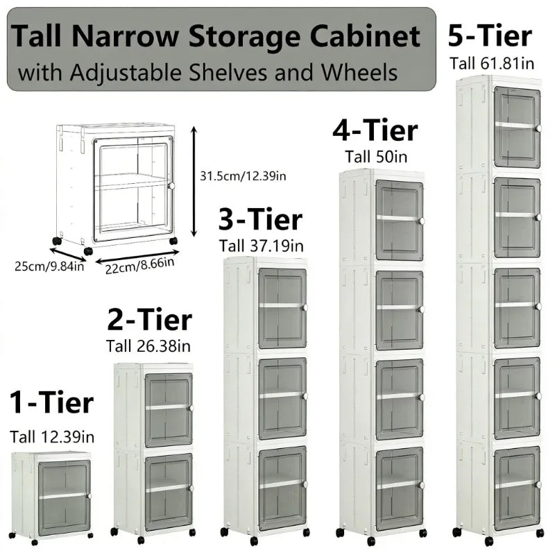 5-Tiers Slim Bathroom Storage Cabinet, Foldable Storage Cabinets,Narrow Bathroom Storage,Movable Bathroom Storage Organizer for Small Spaces,Bathroom,Kitchen,Laundry,White