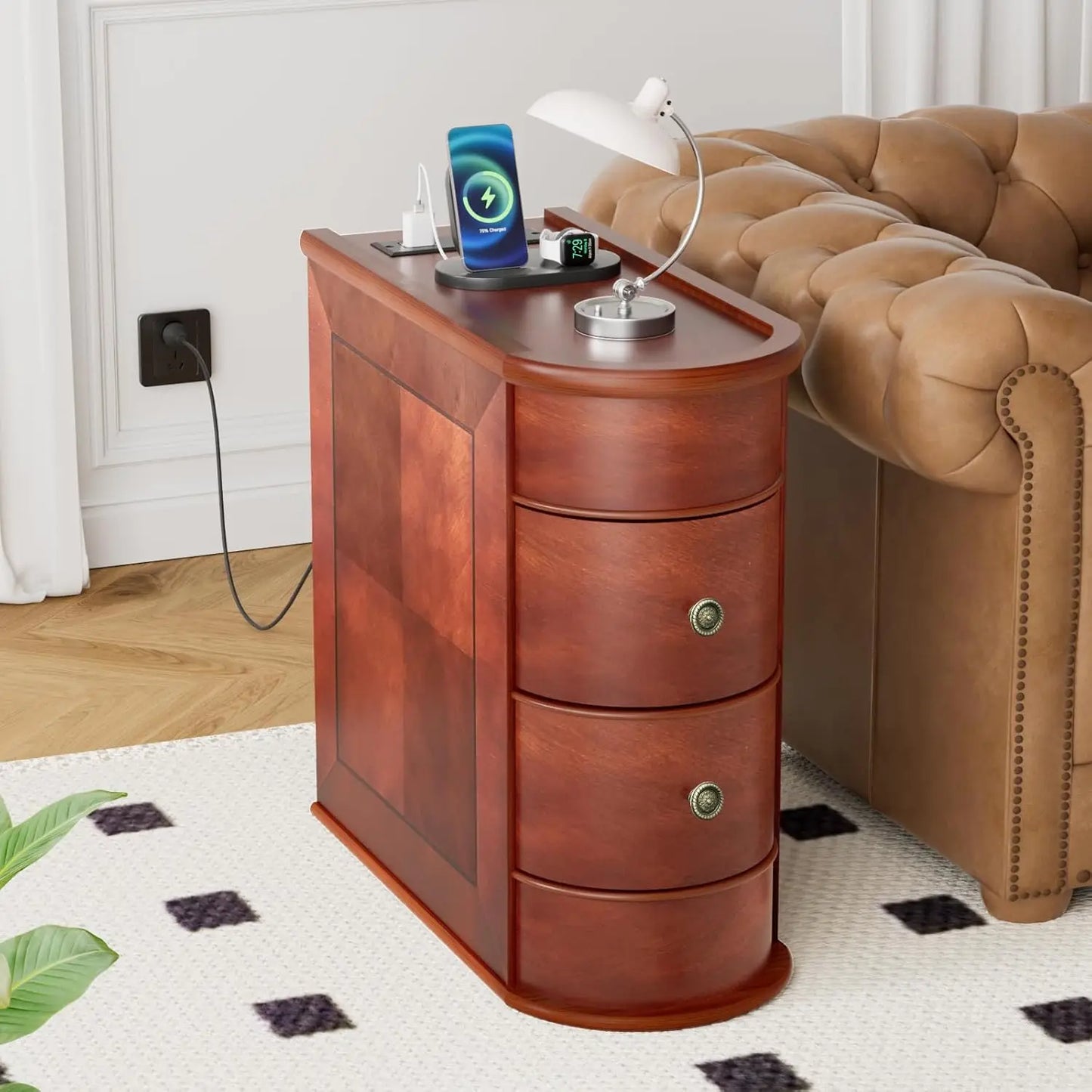 Solid Wood End Table with 2 Drawers Narrow Slim Side Nightstand for Living Room Bedroom Vintage Finish Back, Customized