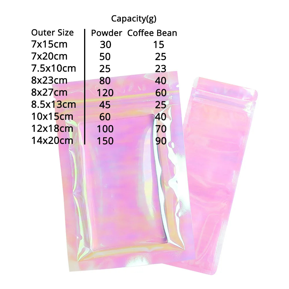 Holographic Self Sealing Resealable Pouch, Jewelry Packaging Gift Bags, Shiny Pink, Various Sizes, 100Pcs