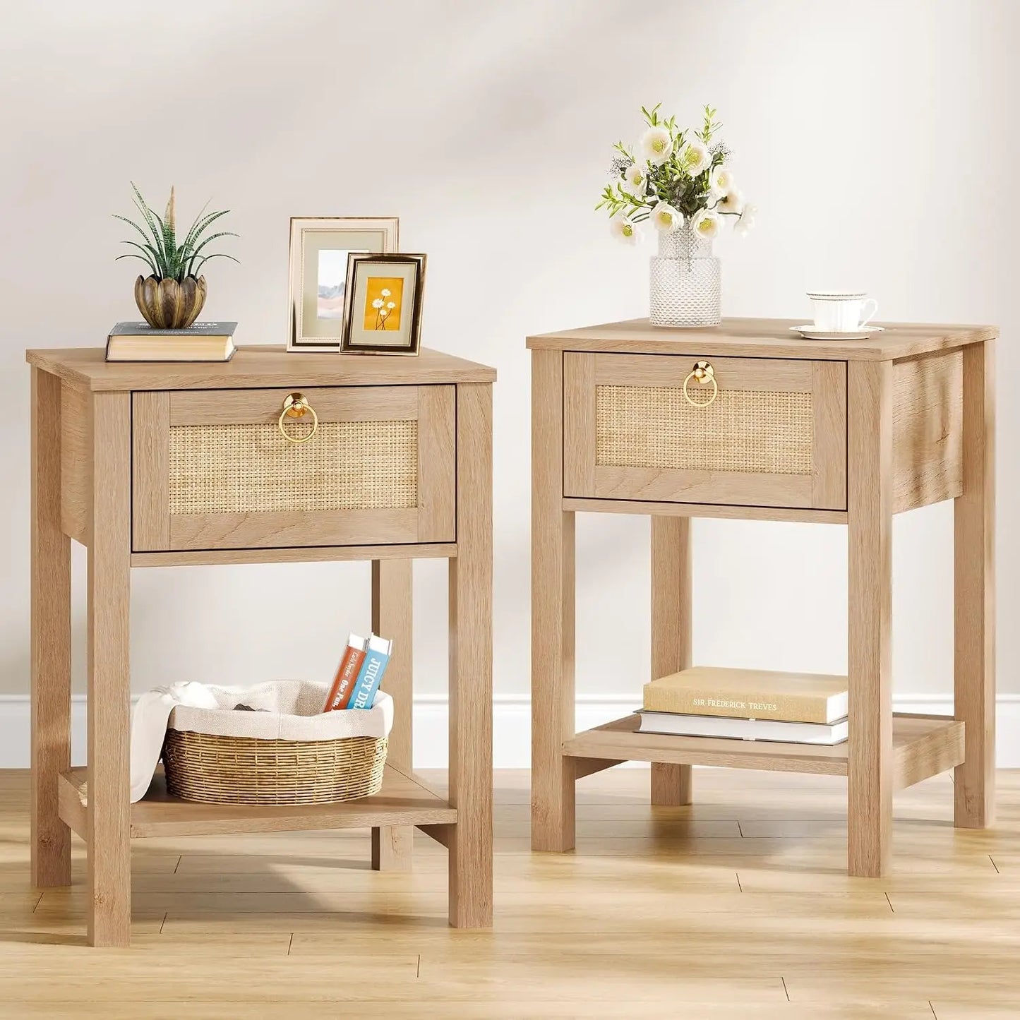 Large White Rattan Nightstands Set of 2, Boho Style with Drawers & Storage Shelf Bedroom Bedside End Table, Custom