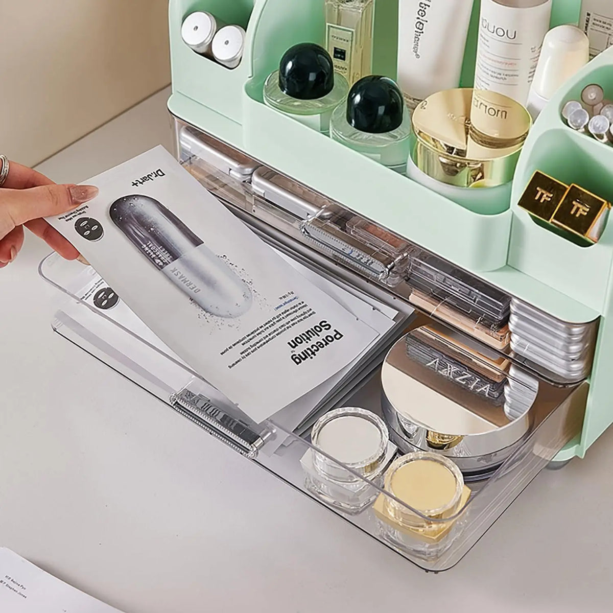 Makeup Organizer with Drawers for Vanity,Bathroom Countertop Organizer with Brushes Holder,Skincare Storage Organizer for Lipsticks,Nail Polishes, Perfumes,Eyeshadow Palettes (Green)