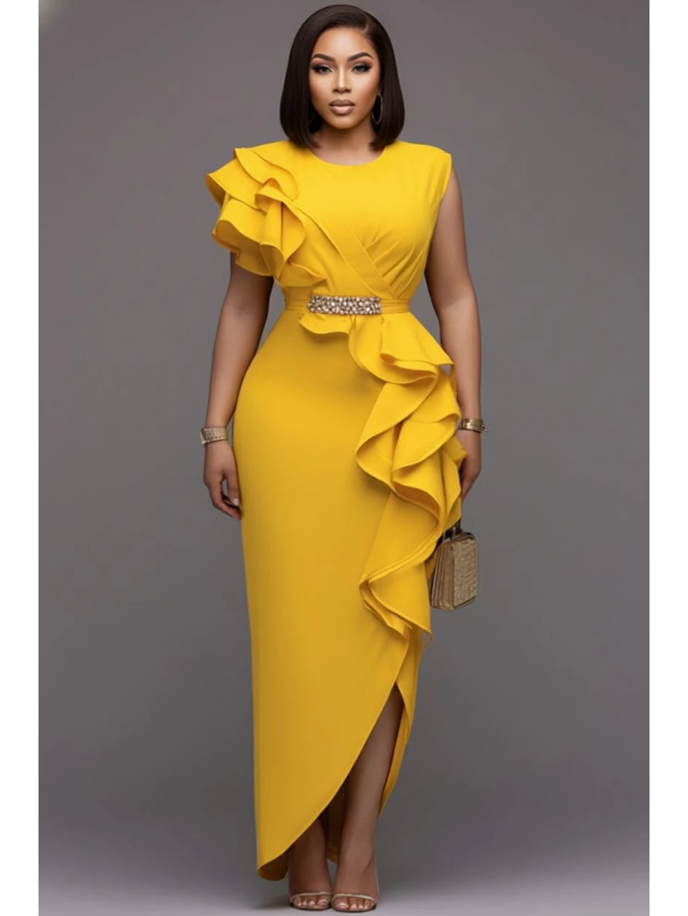 Women's Round Neck Ruffle Decor Split Maxi Bodycon Dress For Wedding Guest Banquet Evening Party Formal Fashion Occasions