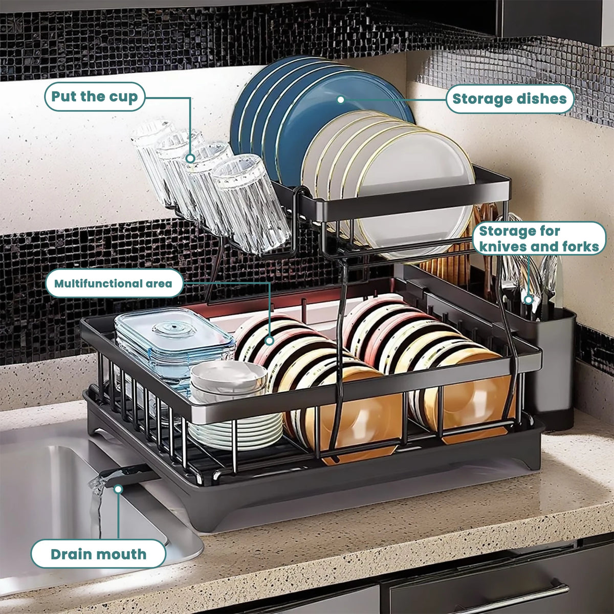 Kitchen Storage Rack, 2 Tier Dish Drainer with Drip Tray and Drainer Mat,with Utensil Holder, Swivel Spout, Draining Board
