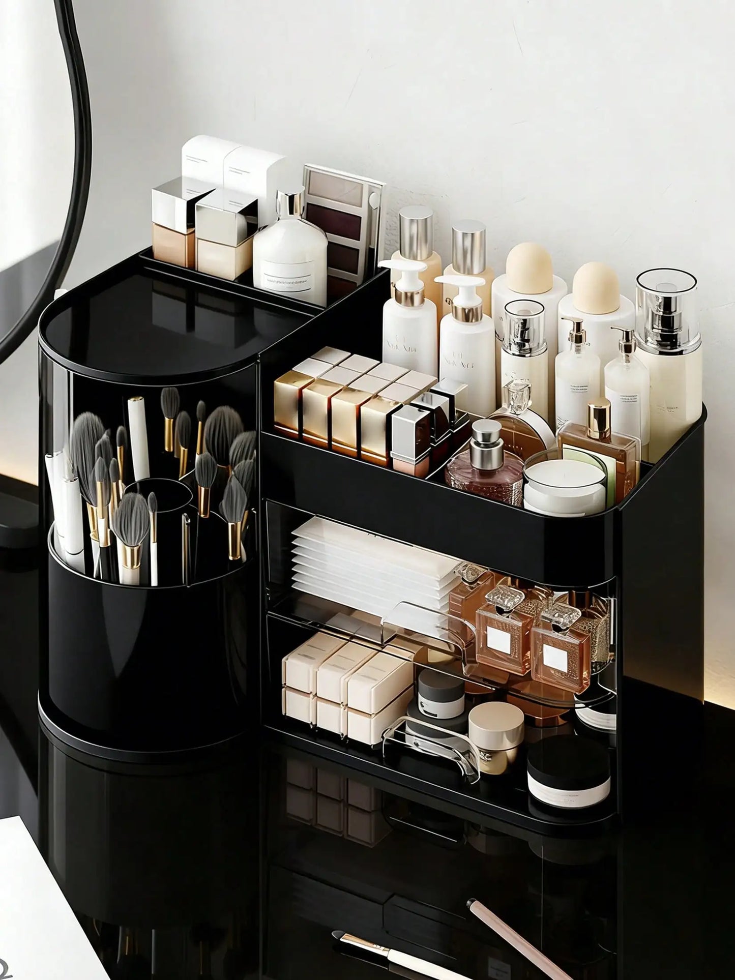 2-Tier Rotating Makeup Organizer with Brush Holder, Large Capacity Skincare Storage Box for Bathroom Countertop Vanity Dresser, White