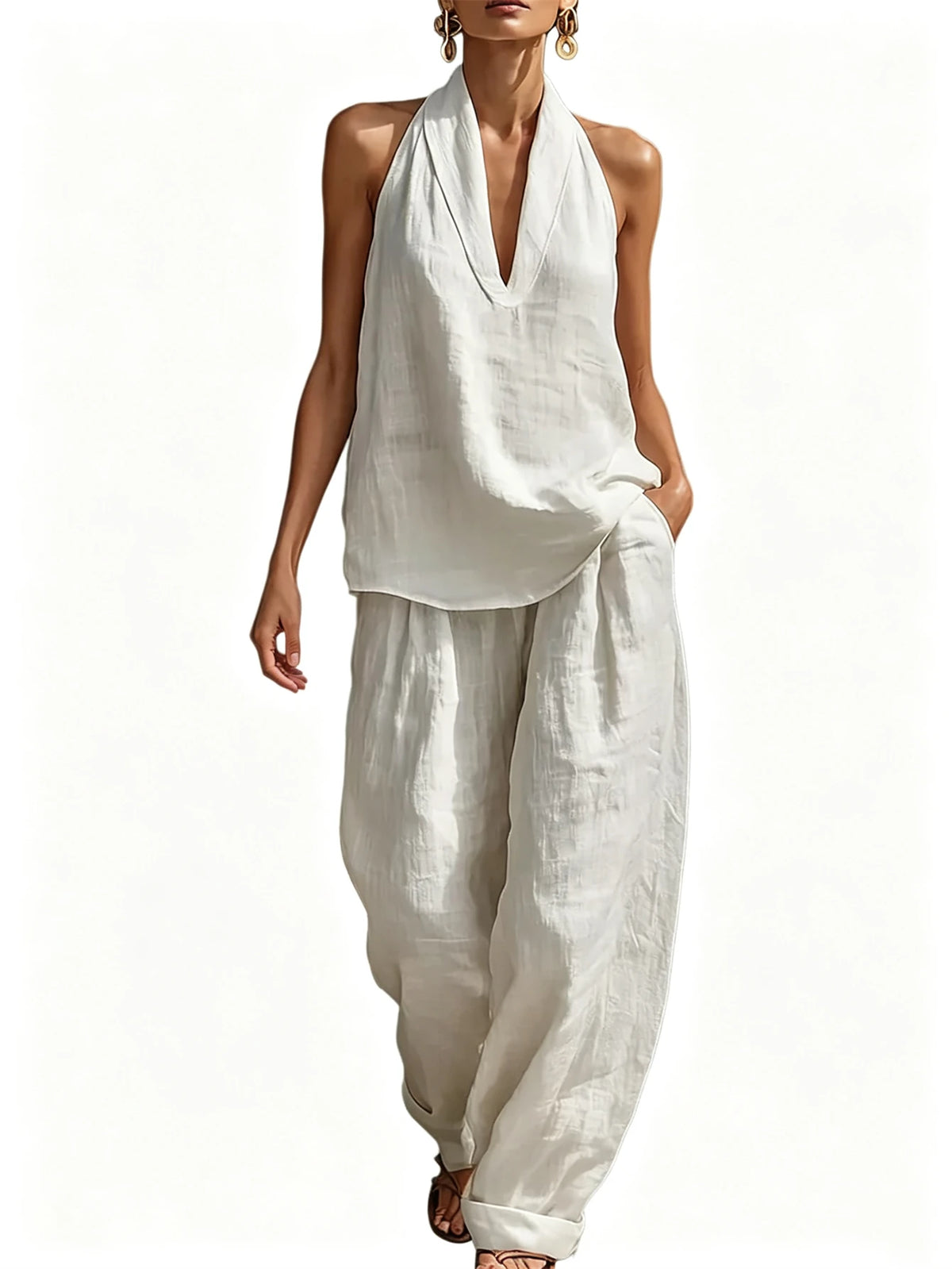 Women's Halter Top And Wide Leg Pants Matching Set