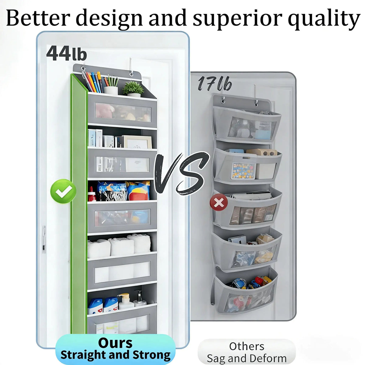 5-Tier Hanging Storage Organizer with 10 Side Pockets, Over Door Pantry Rack with 44 Lbs Capacity, Anti-Tilt Design for Bedroom, Bathroom, Dorm, White
