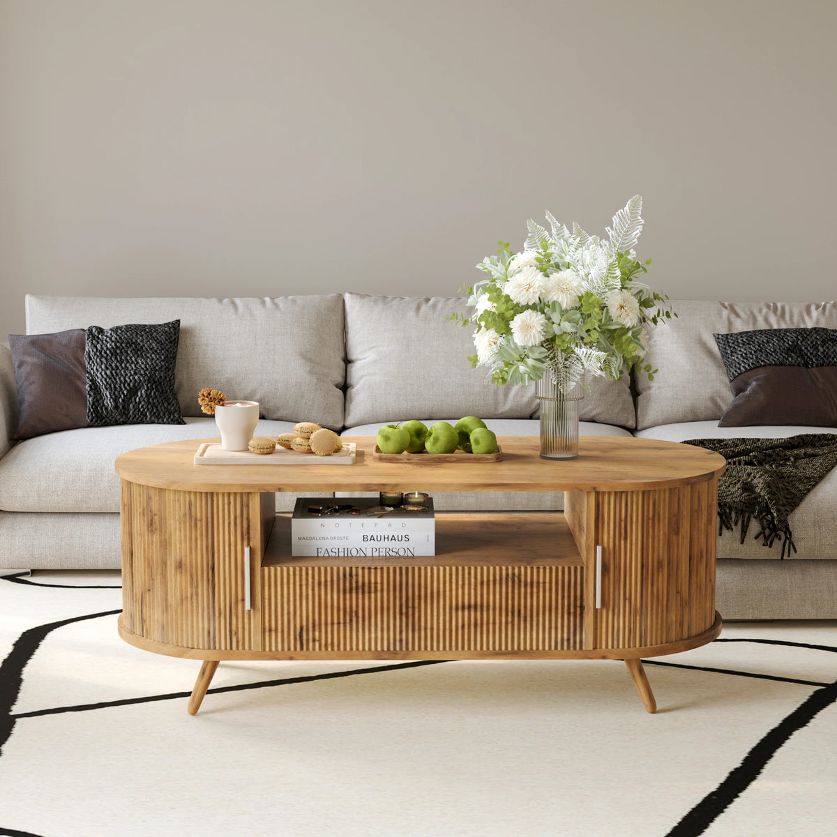 45 Inch Oval Coffee Table With Storage, Mid Century Modern Center Table With Drawer And Sliding Doors, Nature Oak