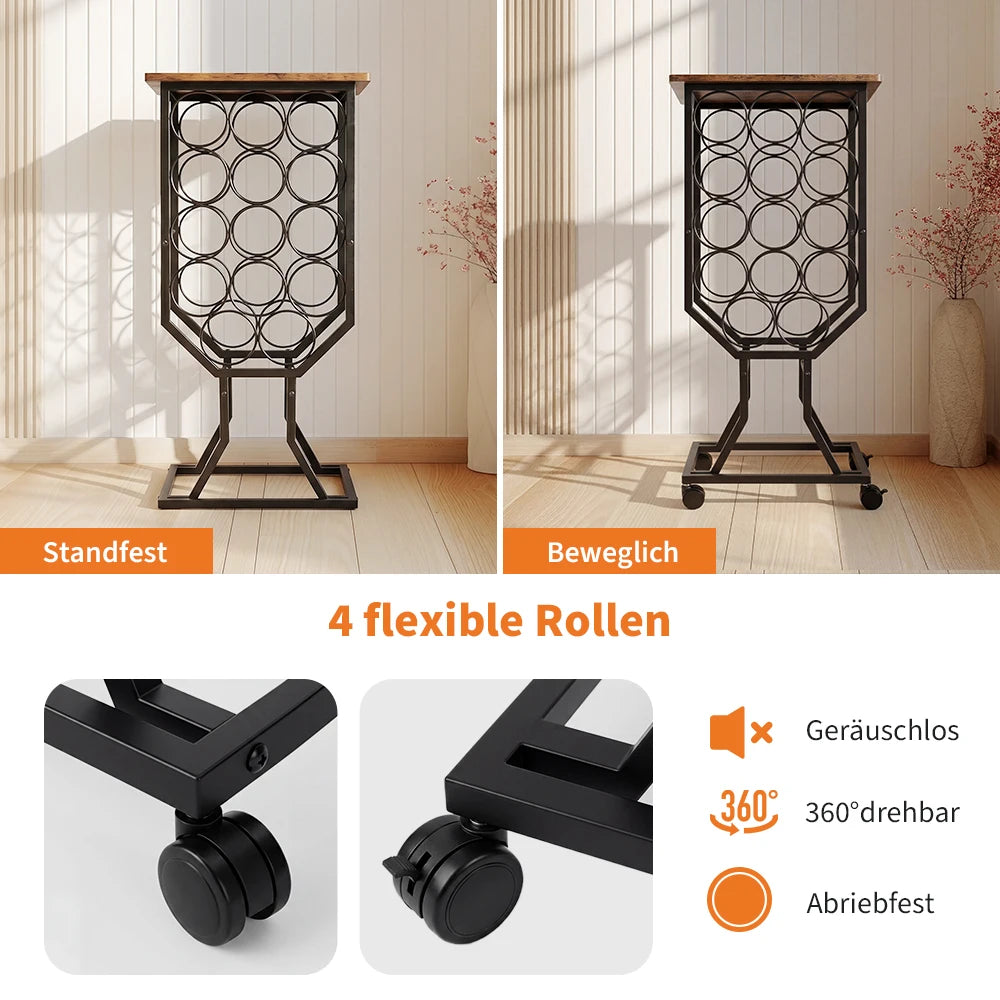 Industrial Freestanding Wine Rack with Wheels, Rustic Wood Top Metal Wine Storage Organizer, Mobile Floor Wine Holder for Bar , Kitchen Pantry & Restaurant Decor