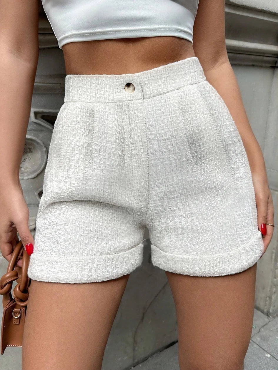 Women's White High Waist Tweed Shorts Casual Elegant Short Pants Solid Color Pockets Streetwear