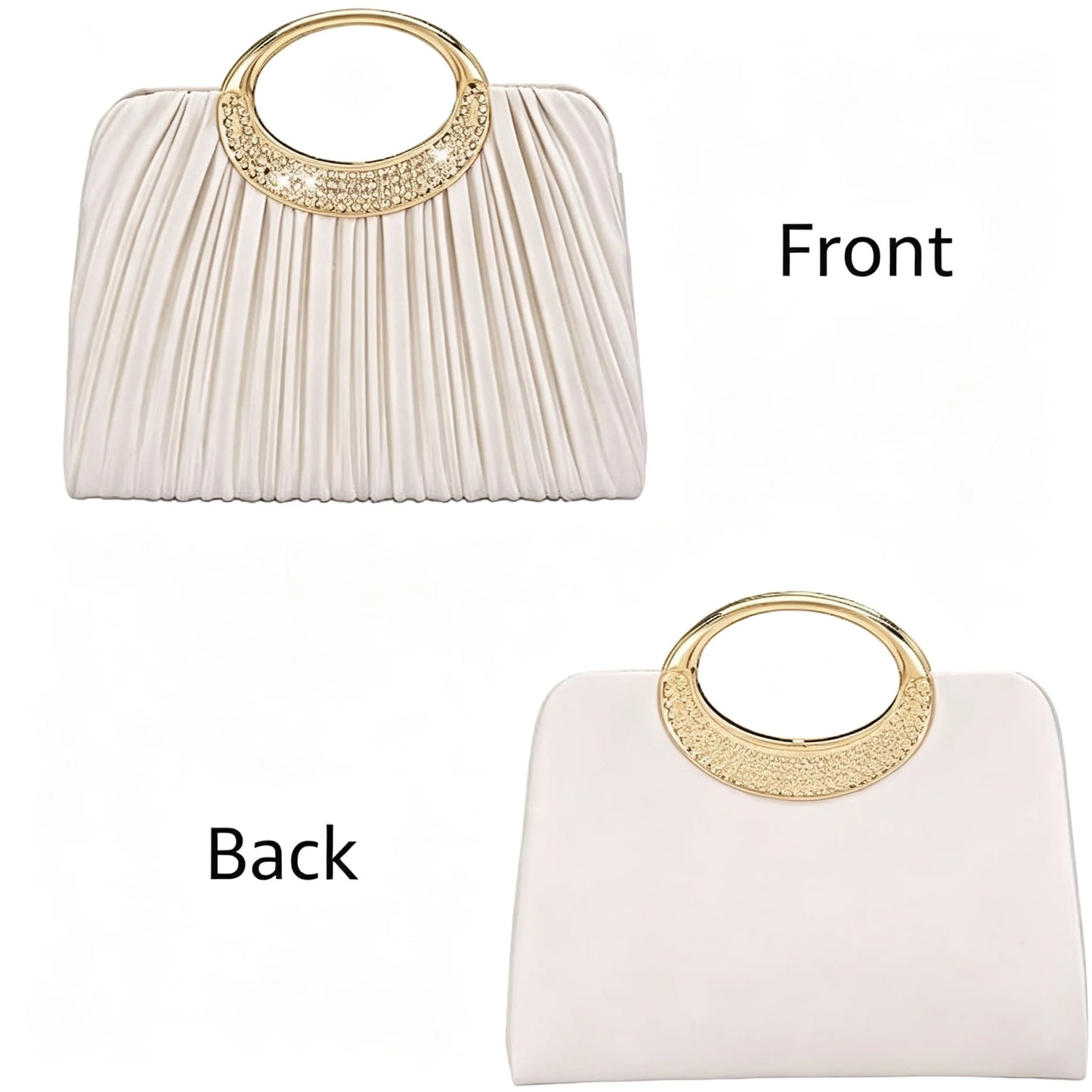 Pleated Rhinestone Metal Ring Handle Clutch With Crossbody Chain