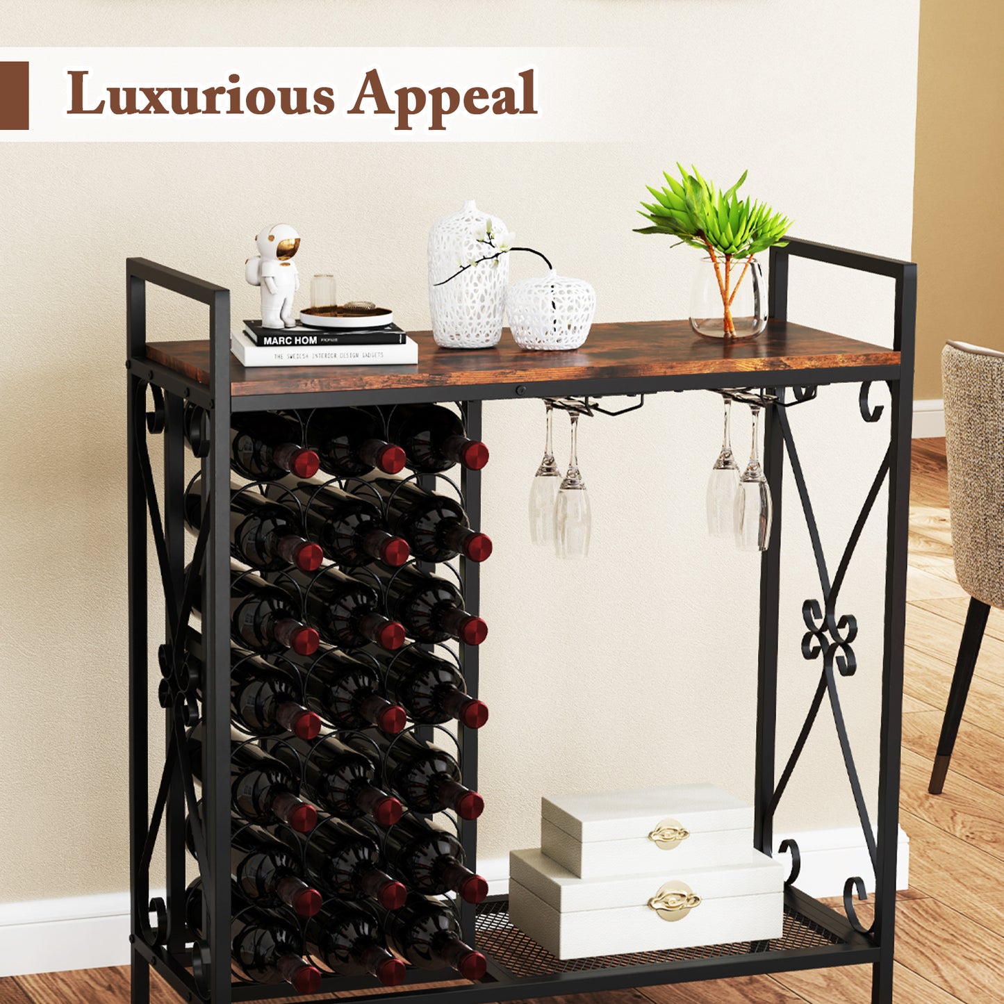 21 Bottle Wine Rack Freestanding Floor Wine Bottle Organizer with Storage Shelf